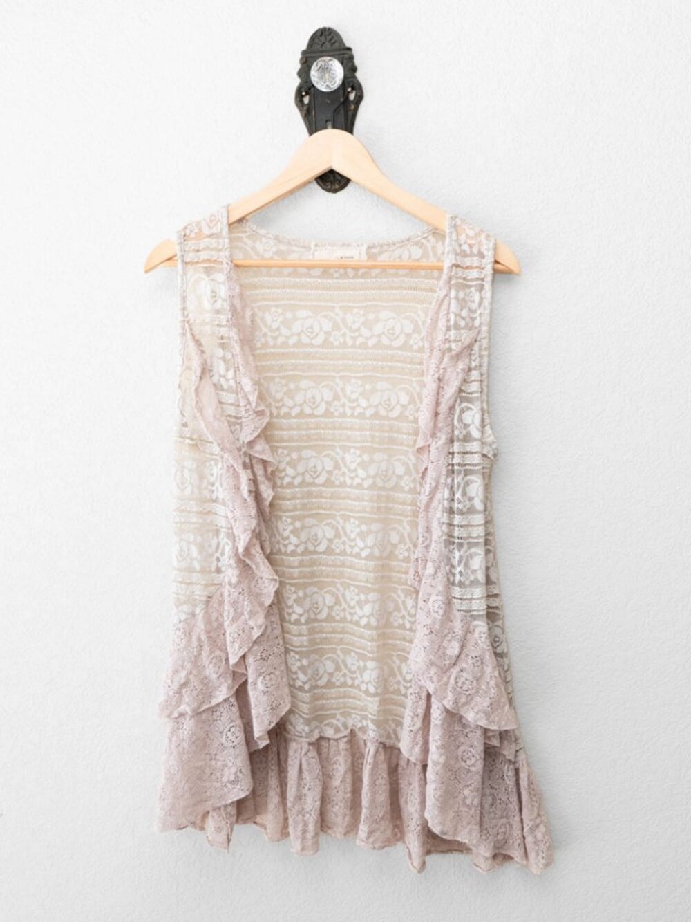 A'Reve Lace Vest Womens L Taupe Sheer Ruffle Boho Fairycore Lagenlook Layered